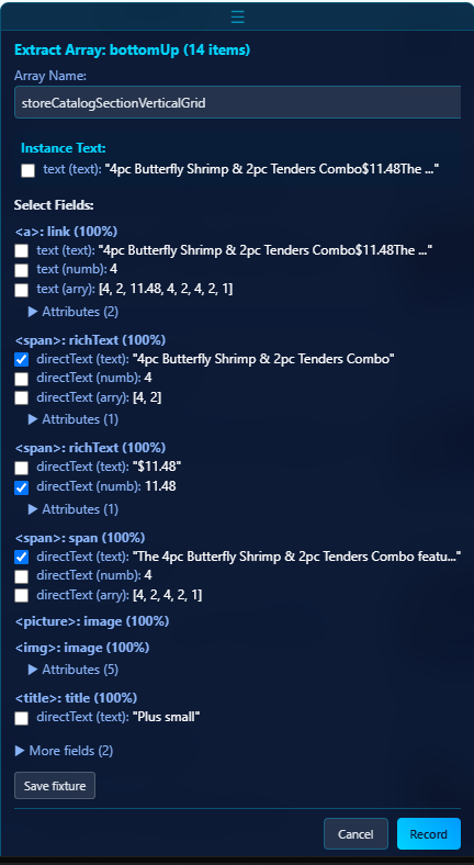 The array context menu opened from an index label, with the title, numeric price, and description fields checked.