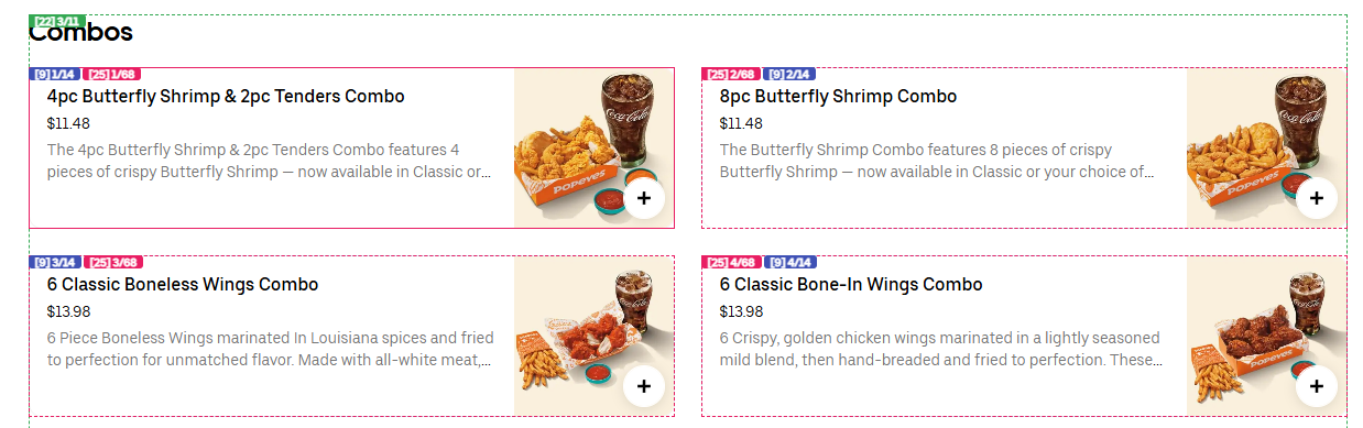 Array overlay on a Popeyes Combos menu: a green [22] label on the Combos heading, plus blue [9] and pink [25] index labels on each combo card.