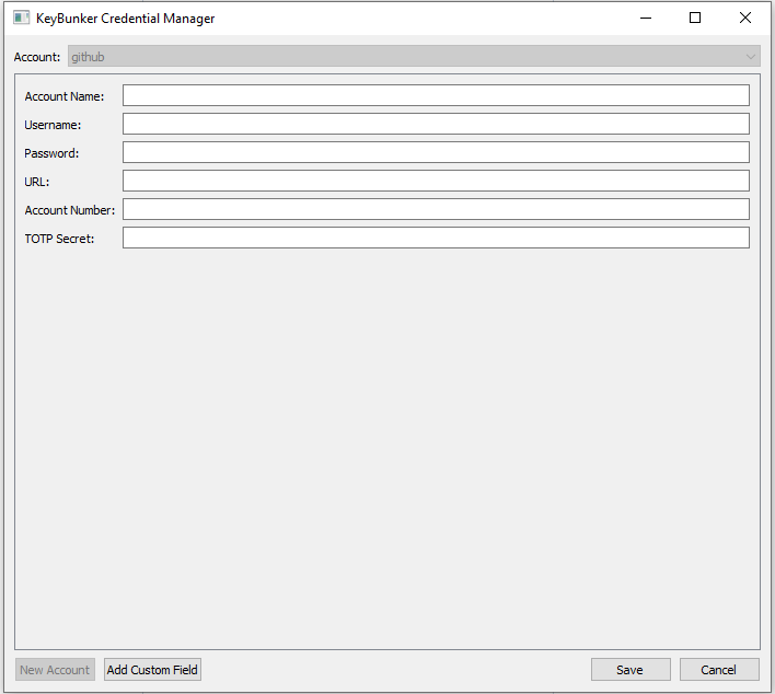 KeyBunker Credential Manager showing new account form