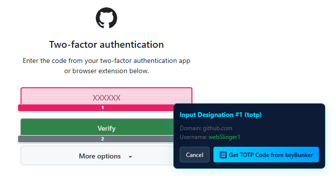 GitHub TOTP two-factor authentication automated by keyCocoon
